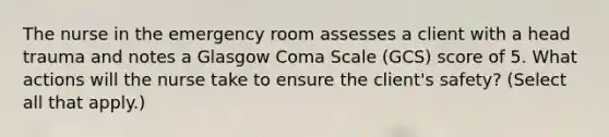 The nurse in the emergency room assesses a client with a head trauma and notes a Glasgow Coma Scale (GCS) score of 5. What actions will the nurse take to ensure the client's safety? (Select all that apply.)