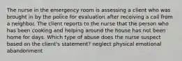 The nurse in the emergency room is assessing a client who was brought in by the police for evaluation after receiving a call from a neighbor. The client reports to the nurse that the person who has been cooking and helping around the house has not been home for days. Which type of abuse does the nurse suspect based on the client's statement? neglect physical emotional abandonment