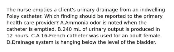 The nurse empties a client's urinary drainage from an indwelling Foley catheter. Which finding should be reported to the primary health care provider? A.Ammonia odor is noted when the catheter is emptied. B.240 mL of urinary output is produced in 12 hours. C.A 16-French catheter was used for an adult female. D.Drainage system is hanging below the level of the bladder.