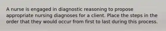 A nurse is engaged in diagnostic reasoning to propose appropriate nursing diagnoses for a client. Place the steps in the order that they would occur from first to last during this process.