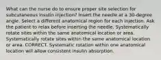 What can the nurse do to ensure proper site selection for subcutaneous insulin injection? Insert the needle at a 30-degree angle. Select a different anatomical region for each injection. Ask the patient to relax before inserting the needle. Systematically rotate sites within the same anatomical location or area. Systematically rotate sites within the same anatomical location or area. CORRECT. Systematic rotation within one anatomical location will allow consistent insulin absorption.