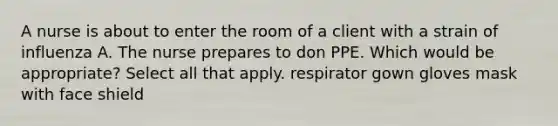 A nurse is about to enter the room of a client with a strain of influenza A. The nurse prepares to don PPE. Which would be appropriate? Select all that apply. respirator gown gloves mask with face shield