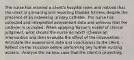 The nurse has entered a client's hospital room and noticed that the client is grimacing and reporting bladder fullness despite the presence of an indwelling urinary catheter. The nurse has collected and interpreted assessment data and believes that the catheter is occluded. When applying Tanner's model of clinical judgment, what should the nurse do next? -Choose an intervention and then evaluate the effect of the intervention. -Articulate the assessment data and conclusions to the client. -Reflect on the situation before performing any further nursing actions. -Analyze the various cues that the client is projecting.