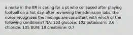 a nurse in the ER is caring for a pt who collapsed after playing football on a hot day. after reviewing the admission labs, the nurse recognizes the findings are consistent with which of the following conditions? NA: 152 glucose: 102 potassium: 3.6 chloride: 105 BUN: 18 creatinine: 0.7