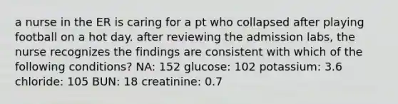 a nurse in the ER is caring for a pt who collapsed after playing football on a hot day. after reviewing the admission labs, the nurse recognizes the findings are consistent with which of the following conditions? NA: 152 glucose: 102 potassium: 3.6 chloride: 105 BUN: 18 creatinine: 0.7