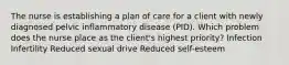 The nurse is establishing a plan of care for a client with newly diagnosed pelvic inflammatory disease (PID). Which problem does the nurse place as the client's highest priority? Infection Infertility Reduced sexual drive Reduced self-esteem