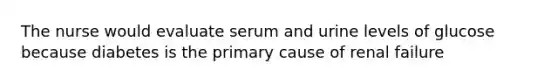 The nurse would evaluate serum and urine levels of glucose because diabetes is the primary cause of renal failure