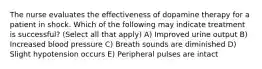 The nurse evaluates the effectiveness of dopamine therapy for a patient in shock. Which of the following may indicate treatment is successful? (Select all that apply) A) Improved urine output B) Increased blood pressure C) Breath sounds are diminished D) Slight hypotension occurs E) Peripheral pulses are intact