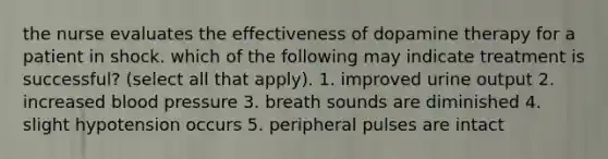 the nurse evaluates the effectiveness of dopamine therapy for a patient in shock. which of the following may indicate treatment is successful? (select all that apply). 1. improved urine output 2. increased blood pressure 3. breath sounds are diminished 4. slight hypotension occurs 5. peripheral pulses are intact