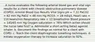 . A nurse evaluates the following arterial blood gas and vital sign results for a client with chronic obstructive pulmonary disease (COPD): Arterial Blood Gas Results Vital Signs pH = 7.32 PaCO2 = 62 mm Hg PaO2 = 46 mm Hg HCO3- = 28 mEq/L Heart rate = 110 beats/min Respiratory rate = 12 breaths/min Blood pressure = 145/65 mm Hg Oxygen saturation = 76% Which action should the nurse take first? a. Administer a short-acting beta2 agonist inhaler. b. Document the findings as normal for a client with COPD. c. Teach the client diaphragmatic breathing techniques. d. Initiate oxygenation therapy to increase saturation to 92%.