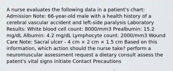 A nurse evaluates the following data in a patient's chart: Admission Note: 66-year-old male with a health history of a cerebral vascular accident and left-side paralysis Laboratory Results: White blood cell count: 8000/mm3 Prealbumin: 15.2 mg/dL Albumin: 4.2 mg/dL Lymphocyte count: 2000/mm3 Wound Care Note: Sacral ulcer - 4 cm × 2 cm × 1.5 cm Based on this information, which action should the nurse take? perform a neuromuscular assessment request a dietary consult assess the patent's vital signs initiate Contact Precautions