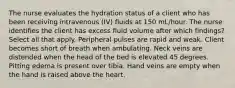 The nurse evaluates the hydration status of a client who has been receiving intravenous (IV) fluids at 150 mL/hour. The nurse identifies the client has excess fluid volume after which findings? Select all that apply. Peripheral pulses are rapid and weak. Client becomes short of breath when ambulating. Neck veins are distended when the head of the bed is elevated 45 degrees. Pitting edema is present over tibia. Hand veins are empty when the hand is raised above the heart.