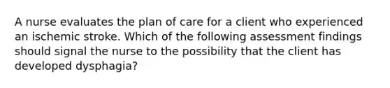 A nurse evaluates the plan of care for a client who experienced an ischemic stroke. Which of the following assessment findings should signal the nurse to the possibility that the client has developed dysphagia?