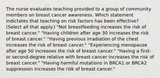 The nurse evaluates teaching provided to a group of community members on breast cancer awareness. Which statement indictates that teaching on risk factors has been​ effective? (Select all that​ apply.) ​"Not breastfeeding increases the risk of breast​ cancer." ​"Having children after age 30 increases the risk of breast​ cancer." ​"Having previous irradiation of the chest increases the risk of breast​ cancer." ​"Experiencing menopause after age 50 increases the risk of breast​ cancer." ​"Having a​ first- or​ second-degree relative with breast cancer increases the risk of breast​ cancer." ​"Having harmful mutations in BRCA1 or BRCA2 suppression increases the risk of breast​ cancer."