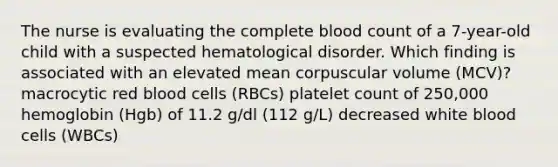 The nurse is evaluating the complete blood count of a 7-year-old child with a suspected hematological disorder. Which finding is associated with an elevated mean corpuscular volume (MCV)? macrocytic red blood cells (RBCs) platelet count of 250,000 hemoglobin (Hgb) of 11.2 g/dl (112 g/L) decreased white blood cells (WBCs)