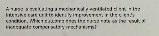 A nurse is evaluating a mechanically ventilated client in the intensive care unit to identify improvement in the client's condition. Which outcome does the nurse note as the result of inadequate compensatory mechanisms?