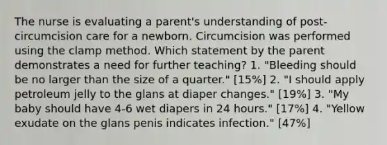 The nurse is evaluating a parent's understanding of post-circumcision care for a newborn. Circumcision was performed using the clamp method. Which statement by the parent demonstrates a need for further teaching? 1. "Bleeding should be no larger than the size of a quarter." [15%] 2. "I should apply petroleum jelly to the glans at diaper changes." [19%] 3. "My baby should have 4-6 wet diapers in 24 hours." [17%] 4. "Yellow exudate on the glans penis indicates infection." [47%]