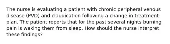 The nurse is evaluating a patient with chronic peripheral venous disease (PVD) and claudication following a change in treatment plan. The patient reports that for the past several nights burning pain is waking them from sleep. How should the nurse interpret these findings?