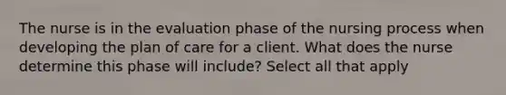 The nurse is in the evaluation phase of the nursing process when developing the plan of care for a client. What does the nurse determine this phase will include? Select all that apply