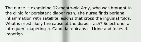 The nurse is examining 12-month-old Amy, who was brought to the clinic for persistent diaper rash. The nurse finds perianal inflammation with satellite lesions that cross the inguinal folds. What is most likely the cause of the diaper rash? Select one: a. Infrequent diapering b. Candida albicans c. Urine and feces d. Impetigo