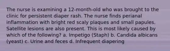 The nurse is examining a 12-month-old who was brought to the clinic for persistent diaper rash. The nurse finds perianal inflammation with bright red scaly plaques and small papules. Satellite lesions are also present. This is most likely caused by which of the following? a. Impetigo (Staph) b. Candida albicans (yeast) c. Urine and feces d. Infrequent diapering