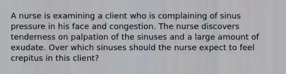 A nurse is examining a client who is complaining of sinus pressure in his face and congestion. The nurse discovers tenderness on palpation of the sinuses and a large amount of exudate. Over which sinuses should the nurse expect to feel crepitus in this client?