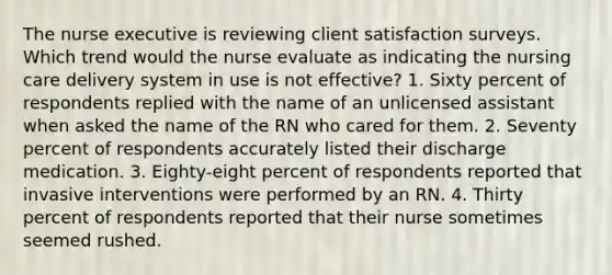 The nurse executive is reviewing client satisfaction surveys. Which trend would the nurse evaluate as indicating the nursing care delivery system in use is not effective? 1. Sixty percent of respondents replied with the name of an unlicensed assistant when asked the name of the RN who cared for them. 2. Seventy percent of respondents accurately listed their discharge medication. 3. Eighty-eight percent of respondents reported that invasive interventions were performed by an RN. 4. Thirty percent of respondents reported that their nurse sometimes seemed rushed.