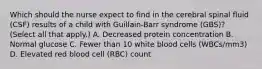 Which should the nurse expect to find in the cerebral spinal fluid (CSF) results of a child with Guillain-Barr syndrome (GBS)? (Select all that apply.) A. Decreased protein concentration B. Normal glucose C. Fewer than 10 white blood cells (WBCs/mm3) D. Elevated red blood cell (RBC) count