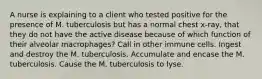 A nurse is explaining to a client who tested positive for the presence of M. tuberculosis but has a normal chest x-ray, that they do not have the active disease because of which function of their alveolar macrophages? Call in other immune cells. Ingest and destroy the M. tuberculosis. Accumulate and encase the M. tuberculosis. Cause the M. tuberculosis to lyse.