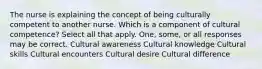 The nurse is explaining the concept of being culturally competent to another nurse. Which is a component of cultural competence? Select all that apply. One, some, or all responses may be correct. Cultural awareness Cultural knowledge Cultural skills Cultural encounters Cultural desire Cultural difference