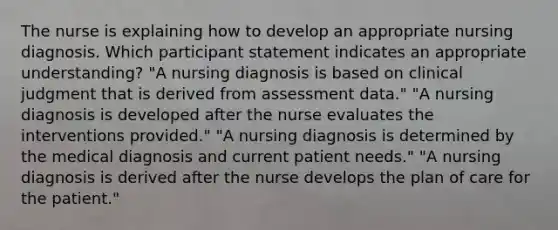 The nurse is explaining how to develop an appropriate nursing diagnosis. Which participant statement indicates an appropriate understanding? "A nursing diagnosis is based on clinical judgment that is derived from assessment data." "A nursing diagnosis is developed after the nurse evaluates the interventions provided." "A nursing diagnosis is determined by the medical diagnosis and current patient needs." "A nursing diagnosis is derived after the nurse develops the plan of care for the patient."