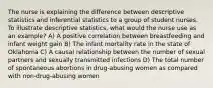 The nurse is explaining the difference between descriptive statistics and inferential statistics to a group of student nurses. To illustrate descriptive statistics, what would the nurse use as an example? A) A positive correlation between breastfeeding and infant weight gain B) The infant mortality rate in the state of Oklahoma C) A causal relationship between the number of sexual partners and sexually transmitted infections D) The total number of spontaneous abortions in drug-abusing women as compared with non-drug-abusing women