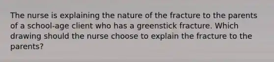 The nurse is explaining the nature of the fracture to the parents of a school-age client who has a greenstick fracture. Which drawing should the nurse choose to explain the fracture to the parents?