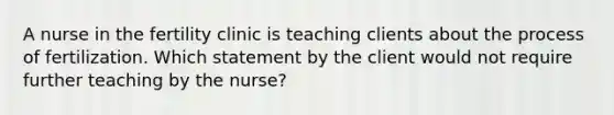 A nurse in the fertility clinic is teaching clients about the process of fertilization. Which statement by the client would not require further teaching by the nurse?