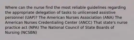 Where can the nurse find the most reliable guidelines regarding the appropriate delegation of tasks to unlicensed assistive personnel (UAP)? The American Nurses Association (ANA) The American Nurses Credentialing Center (ANCC) That state's nurse practice act (NPA) The National Council of State Boards of Nursing (NCSBN)