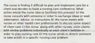 The nurse is finding it difficult to plan and implement care for a client and decides to have a nursing care conference. What action would the nurse take to facilitate this process? A) the nurse consults with someone in order to exchange ideas or seek information, advice, or instructions B) the nurse meets with nurses or other health care professionals to discuss some aspect of client care C) the nurse, along with other nurses, visits clients with similar problems individually at each client's bedside in order to plan nursing care D) the nurse sends or directs someone to take action in a specific nursing care problem