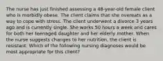 The nurse has just finished assessing a 48-year-old female client who is morbidly obese. The client claims that she overeats as a way to cope with stress. The client underwent a divorce 3 years ago and is currently single. She works 50 hours a week and cares for both her teenaged daughter and her elderly mother. When the nurse suggests changes to her nutrition, the client is resistant. Which of the following nursing diagnoses would be most appropriate for this client?