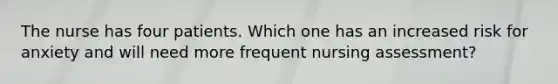 The nurse has four patients. Which one has an increased risk for anxiety and will need more frequent nursing assessment?