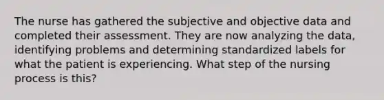 The nurse has gathered the subjective and objective data and completed their assessment. They are now analyzing the data, identifying problems and determining standardized labels for what the patient is experiencing. What step of the nursing process is this?