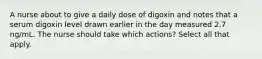 A nurse about to give a daily dose of digoxin and notes that a serum digoxin level drawn earlier in the day measured 2.7 ng/mL. The nurse should take which actions? Select all that apply.