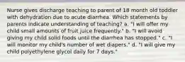 Nurse gives discharge teaching to parent of 18 month old toddler with dehydration due to acute diarrhea. Which statements by parents indicate understanding of teaching? a. "I will offer my child small amounts of fruit juice frequently." b. "I will avoid giving my child solid foods until the diarrhea has stopped." c. "I will monitor my child's number of wet diapers." d. "I will give my child polyethylene glycol daily for 7 days."