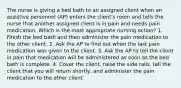 The nurse is giving a bed bath to an assigned client when an assistive personnel (AP) enters the client's room and tells the nurse that another assigned client is in pain and needs pain medication. Which is the most appropriate nursing action? 1. Finish the bed bath and then administer the pain medication to the other client. 2. Ask the AP to find out when the last pain medication was given to the client. 3. Ask the AP to tell the client in pain that medication will be administered as soon as the bed bath is complete. 4. Cover the client, raise the side rails, tell the client that you will return shortly, and administer the pain medication to the other client