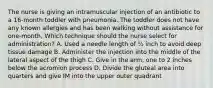 The nurse is giving an intramuscular injection of an antibiotic to a 16-month toddler with pneumonia. The toddler does not have any known allergies and has been walking without assistance for one-month, Which technique should the nurse select for administration? A. Used a needle length of ½ inch to avoid deep tissue damage B. Administer the injection into the middle of the lateral aspect of the thigh C. Give in the arm, one to 2 inches below the acromion process D. Divide the gluteal area into quarters and give IM into the upper outer quadrant