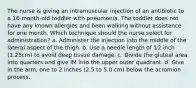 The nurse is giving an intramuscular injection of an antibiotic to a 16-month-old toddler with pneumonia. The toddler does not have any known allergies and been walking without assistance for one month. Which technique should the nurse select for administration? a. Administer the injection into the middle of the lateral aspect of the thigh. b. Use a needle length of 1⁄2 inch (1.25cm) to avoid deep tissue damage. c. Divide the gluteal area into quarters and give IM into the upper outer quadrant. d. Give in the arm, one to 2 inches (2.5 to 5.0 cm) below the acromion process.