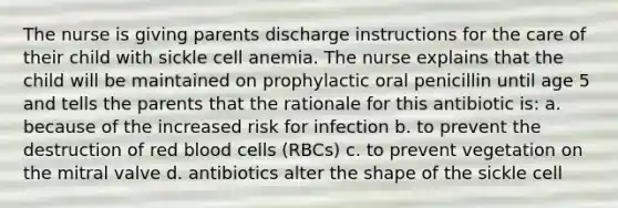 The nurse is giving parents discharge instructions for the care of their child with sickle cell anemia. The nurse explains that the child will be maintained on prophylactic oral penicillin until age 5 and tells the parents that the rationale for this antibiotic is: a. because of the increased risk for infection b. to prevent the destruction of red blood cells (RBCs) c. to prevent vegetation on the mitral valve d. antibiotics alter the shape of the sickle cell