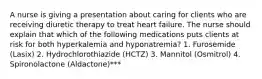 A nurse is giving a presentation about caring for clients who are receiving diuretic therapy to treat heart failure. The nurse should explain that which of the following medications puts clients at risk for both hyperkalemia and hyponatremia? 1. Furosemide (Lasix) 2. Hydrochlorothiazide (HCTZ) 3. Mannitol (Osmitrol) 4. Spironolactone (Aldactone)***