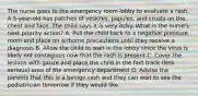 The nurse goes to the emergency room lobby to evaluate a rash. A 5-year-old has patches of vesicles, papules, and crusts on the chest and face. The child says it is very itchy. What is the nurse's next priority action? A. Pull the child back to a negative pressure room and place on airborne precautions until they receive a diagnosis B. Allow the child to wait in the lobby since the virus is likely not contagious now that the rash is present C. Cover the lesions with gauze and place the child in the fast track (less serious) area of the emergency department D. Advise the parents that this is a benign rash and they can wait to see the pediatrician tomorrow if they would like