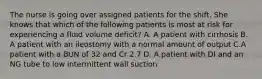 The nurse is going over assigned patients for the shift. She knows that which of the following patients is most at risk for experiencing a fluid volume deficit? A. A patient with cirrhosis B. A patient with an ileostomy with a normal amount of output C.A patient with a BUN of 32 and Cr 2.7 D. A patient with DI and an NG tube to low intermittent wall suction