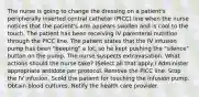 The nurse is going to change the dressing on a patient's peripherally inserted central catheter (PICC) line when the nurse notices that the patient's arm appears swollen and is cool to the touch. The patient has been receiving IV parenteral nutrition through the PICC line. The patient states that the IV infusion pump has been "beeping" a lot, so he kept pushing the "silence" button on the pump. The nurse suspects extravasation. What actions should the nurse take? (Select all that apply.) Administer appropriate antidote per protocol. Remove the PICC line. Stop the IV infusion. Scold the patient for touching the infusion pump. Obtain blood cultures. Notify the health care provider.