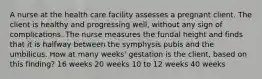 A nurse at the health care facility assesses a pregnant client. The client is healthy and progressing well, without any sign of complications. The nurse measures the fundal height and finds that it is halfway between the symphysis pubis and the umbilicus. How at many weeks' gestation is the client, based on this finding? 16 weeks 20 weeks 10 to 12 weeks 40 weeks